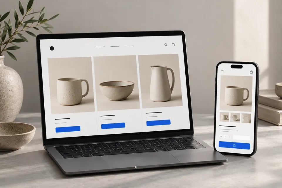 Generated concept of a ceramics online store displayed on a laptop and phone.
