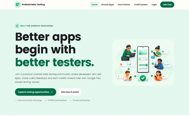 Android Beta Testing — genuine desktop homepage screenshot